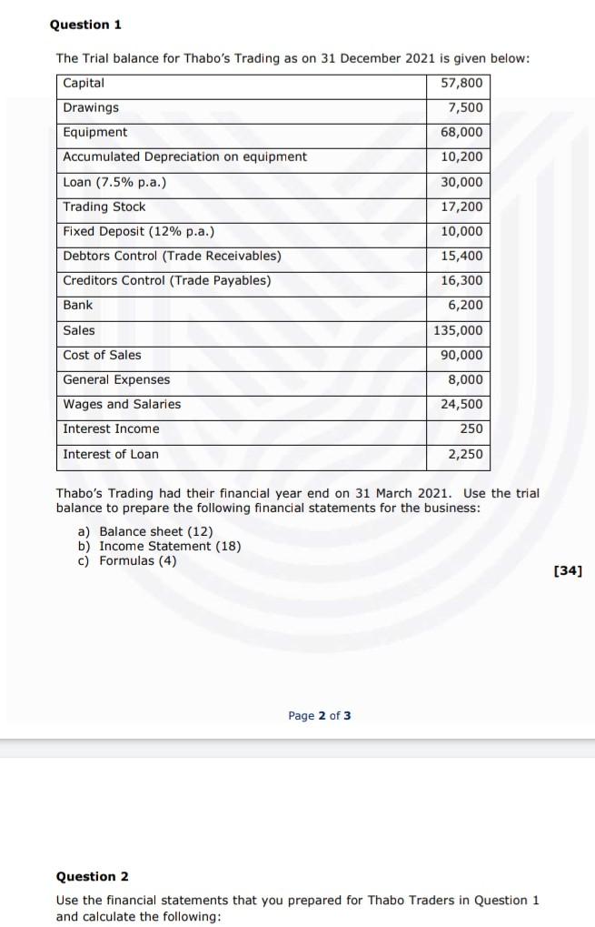 Question 1 The Trial Balance For Thabo S Trading As On 31 December 2021 Is Given Below Capital 57 800 Drawings 7 500 Eq 1
