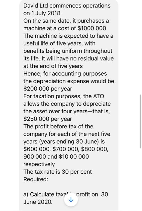 David Ltd Commences Operations On 1 July 2018 On The Same Date It Purchases A Machine At A Cost Of 1000 000 The Machin 1