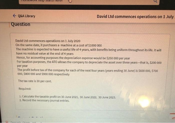 Q A Library David Ltd Commences Operations On 1 July Question David Ltd Commences Operations On 1 July 2020 On The Sam 1