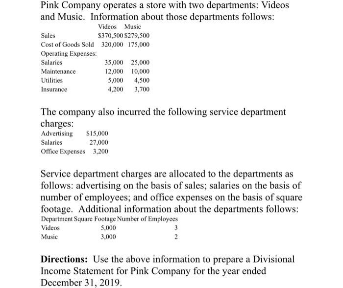 Pink Company Operates A Store With Two Departments Videos And Music Information About Those Departments Follows Video 1