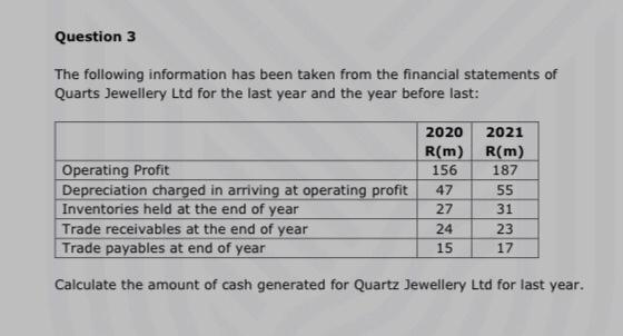Question 3 The Following Information Has Been Taken From The Financial Statements Of Quarts Jewellery Ltd For The Last Y 1