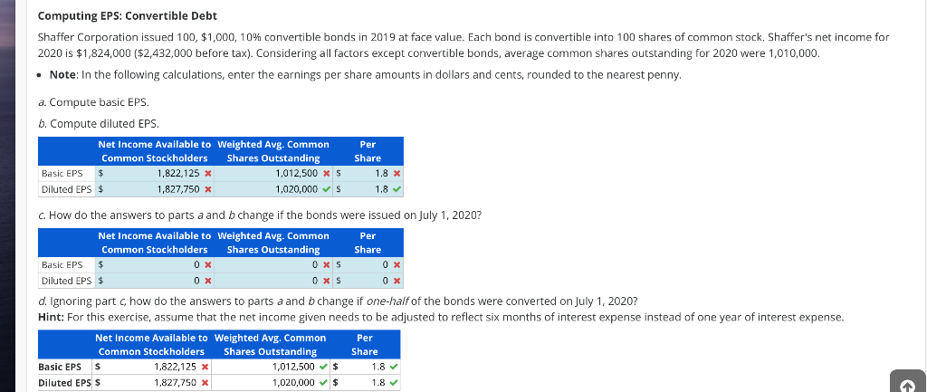 Computing Eps Convertible Debt Shaffer Corporation Issued 100 1 000 10 Convertible Bonds In 2019 At Face Value Eac 1