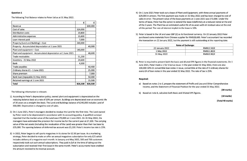 Question 1 The Following Trial Balance Relates To Peter Ltd As At 31 May 2022 4 On 1 June 2021 Peter Took Out A Lease 1