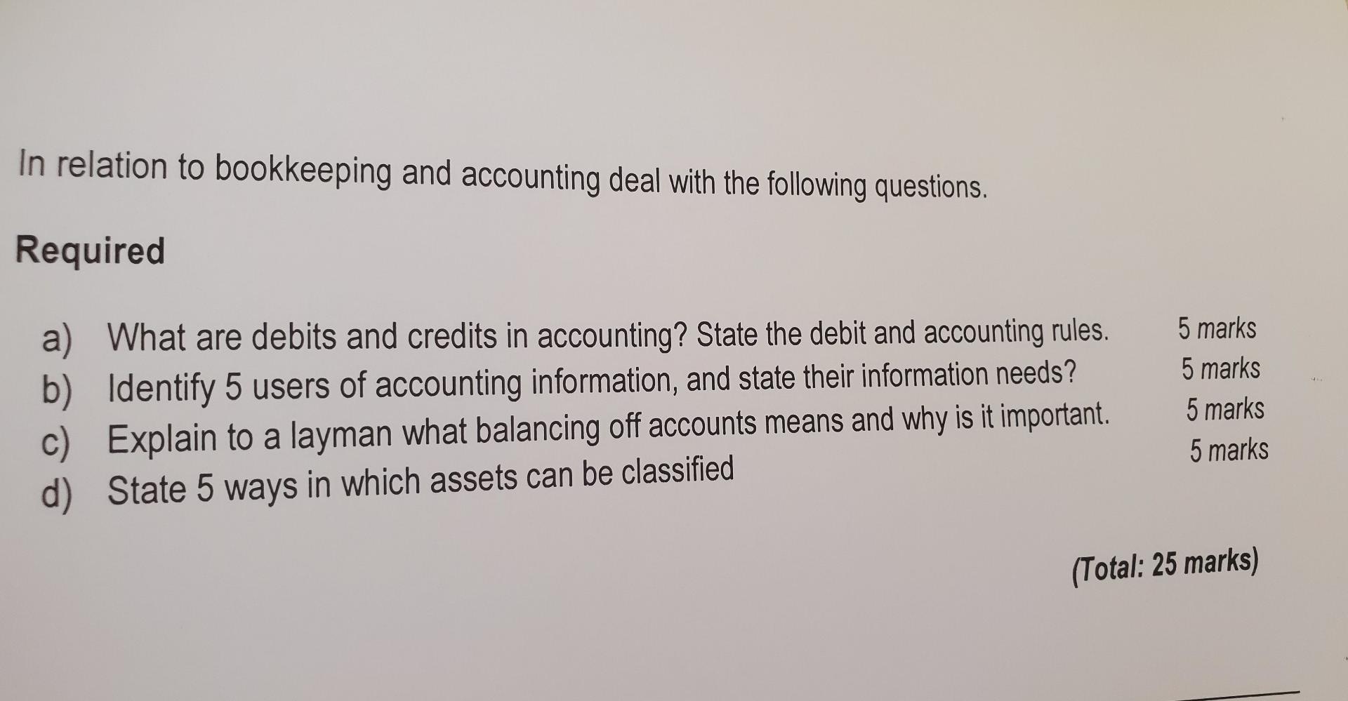 In Relation To Bookkeeping And Accounting Deal With The Following Questions Required A What Are Debits And Credits In 1