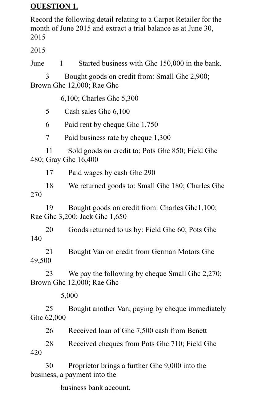 Question 1 Record The Following Detail Relating To A Carpet Retailer For The Month Of June 2015 And Extract A Trial Bal 1