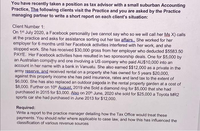 You Have Recently Taken A Position As Tax Advisor With A Small Suburban Accounting Practice The Following Clients Visit 1
