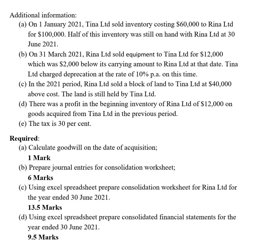 On 1 July 2020 Rina Ltd Acquired All The Share Capital Of Tina Ltd For 944 000 At That Date Tina Ltd S Equity Consis 2