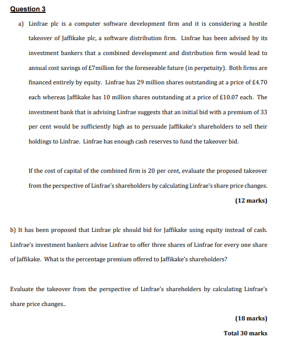 Question 3 A Linfrae Plc Is A Computer Software Development Firm And It Is Considering A Hostile Takeover Of Jaffikake 1
