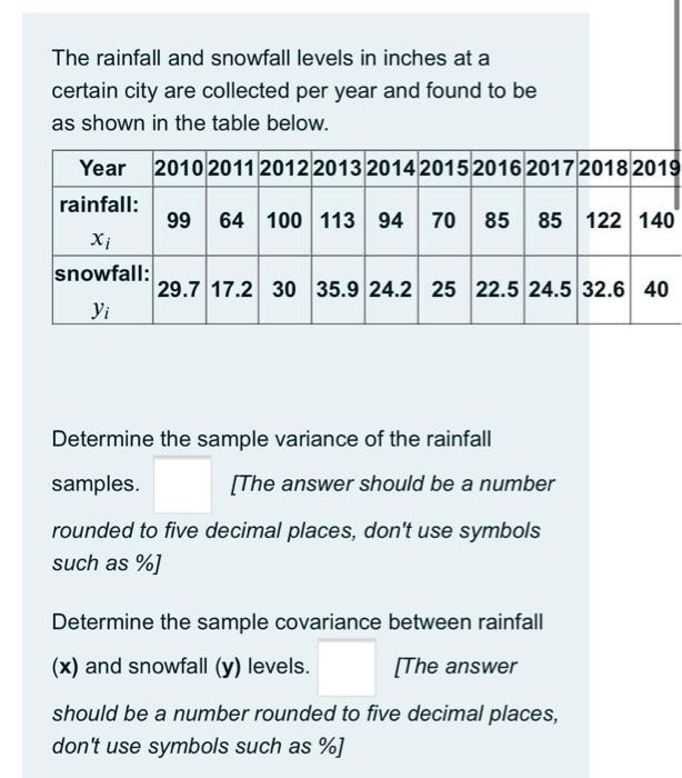 The Rainfall And Snowfall Levels In Inches At A Certain City Are Collected Per Year And Found To Be As Shown In The Tabl 1