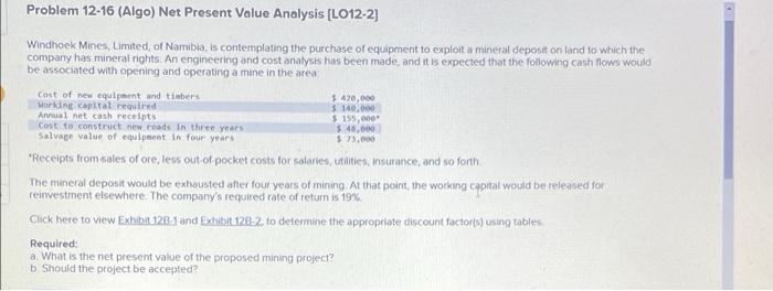 Problem 12 16 Algo Net Present Value Analysis Lo12 2 155 000 Windhoek Mines Limited Of Namibia Is Contemplating 1