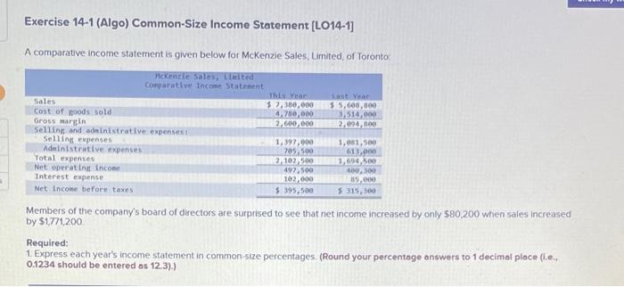Exercise 14 1 Algo Common Size Income Statement L014 1 A Comparative Income Statement Is Given Below For Mckenzie Sa 1