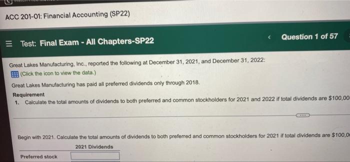 Acc 201 01 Financial Accounting Sp22 Question 1 Of 57 Test Final Exam All Chapters Sp22 Great Lakes Manufacturin 1
