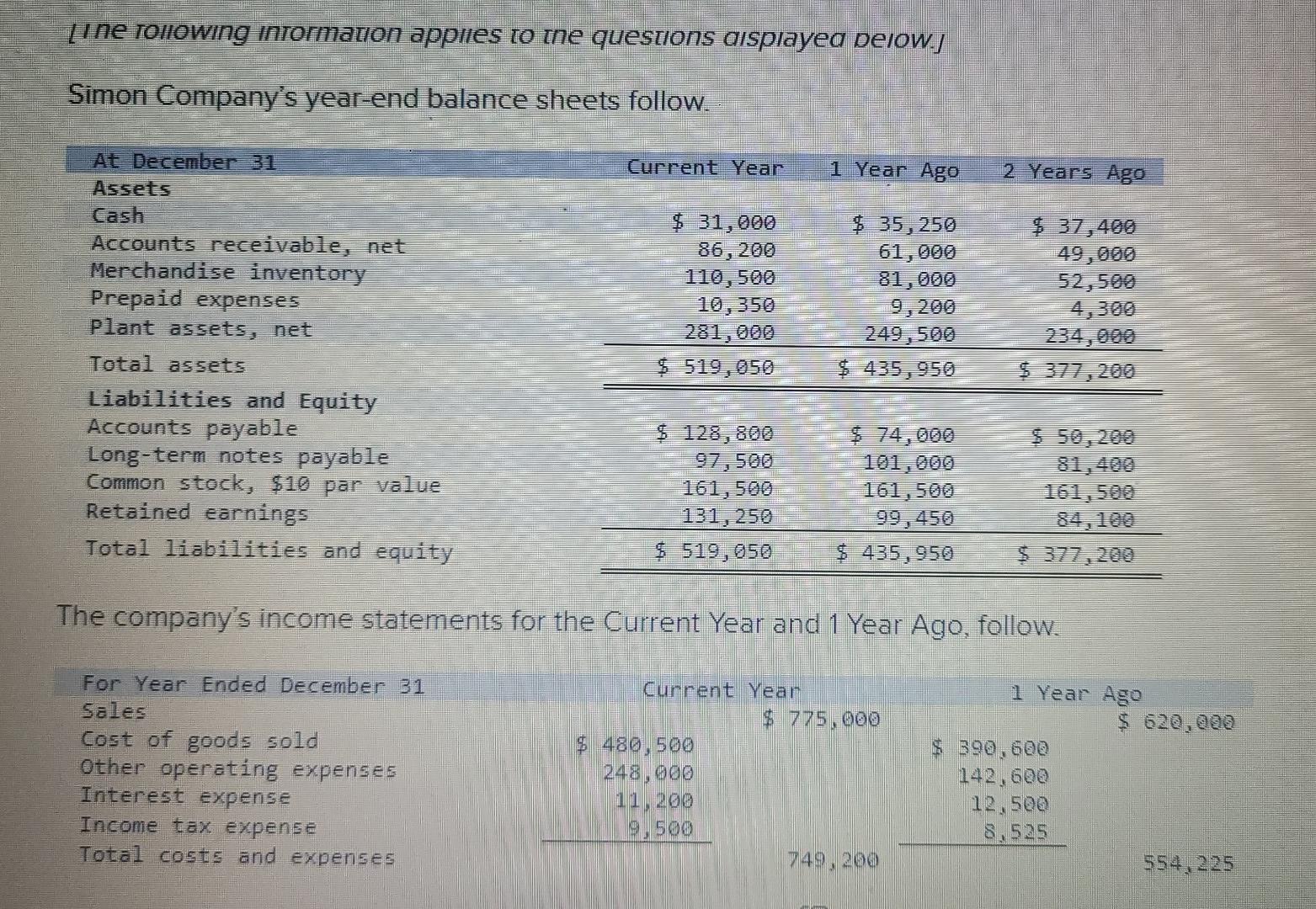 Line Tollowing Information Applies To The Questions Displayed Below Simon Company S Year End Balance Sheets Follow Cu 1