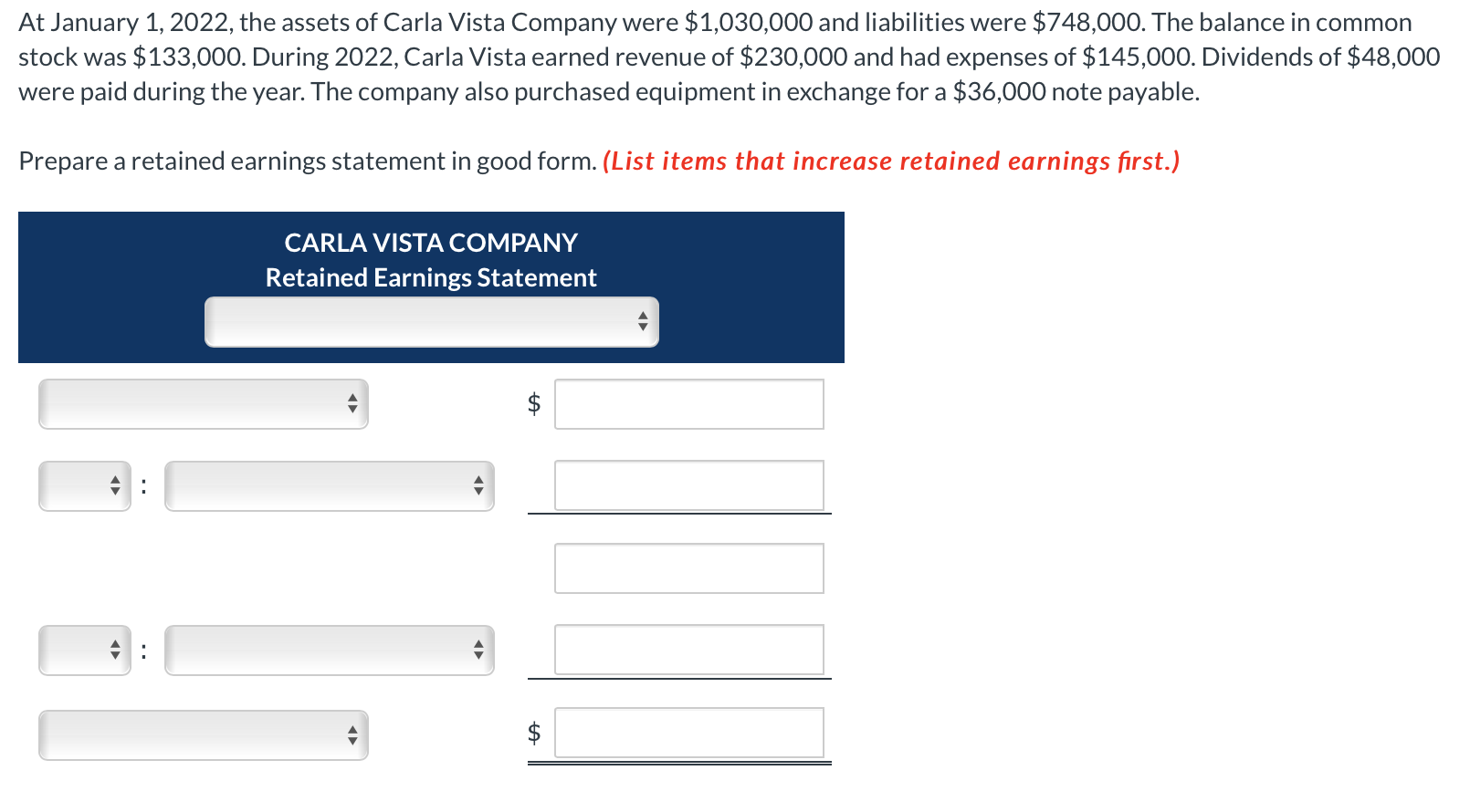 At January 1 2022 The Assets Of Carla Vista Company Were 1 030 000 And Liabilities Were 748 000 The Balance In Comm 1