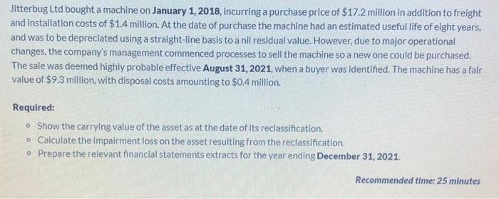 Jitterbug Ltd Bought A Machine On January 1 2018 Incurring A Purchase Price Of 17 2 Million In Addition To Freight An 1