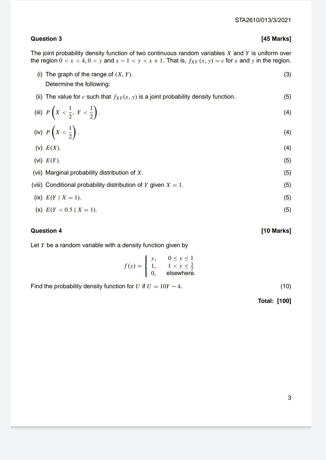 Sta2610 013 3 2021 Question 3 45 Marks The Joint Probability Density Function Of Two Continuous Random Variables X And 1