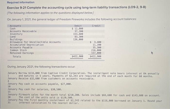 Required Information Exercise 9 21 Complete The Accounting Cycle Using Long Term Liability Transactions Lo9 2 9 8 The 1