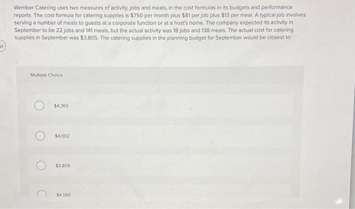 Wember Catering Uses Two Measures Of Activity Jobs And Meals In The Cost Formulas In Its Budgets And Performance Report 1