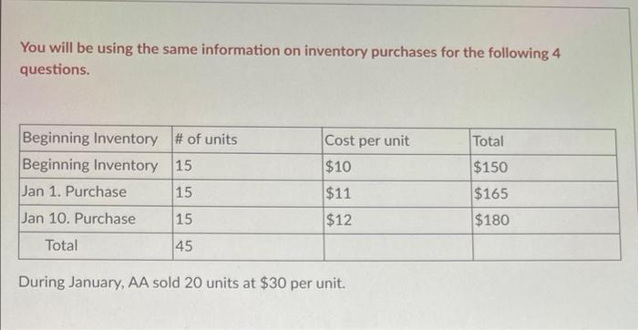 You Will Be Using The Same Information On Inventory Purchases For The Following 4 Questions Total Beginning Inventory 1