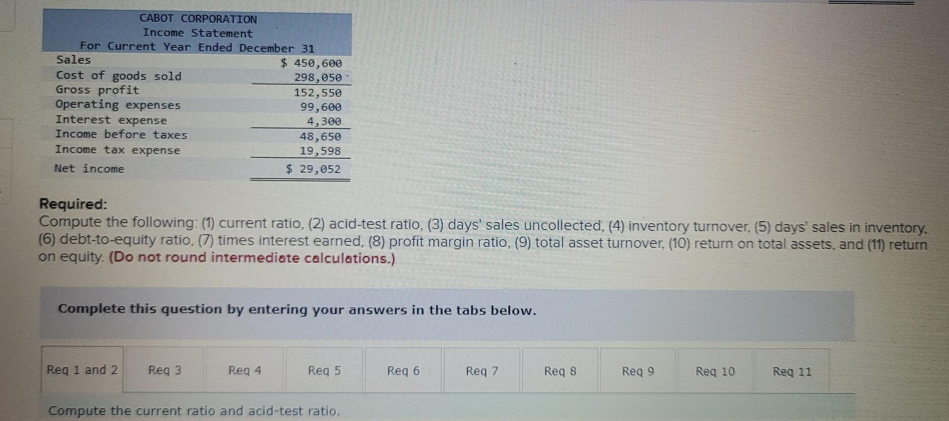 Selected Current Year End Financial Statements Of Cabot Corporation Follow All Sales Were On Credit Selected Balance 2