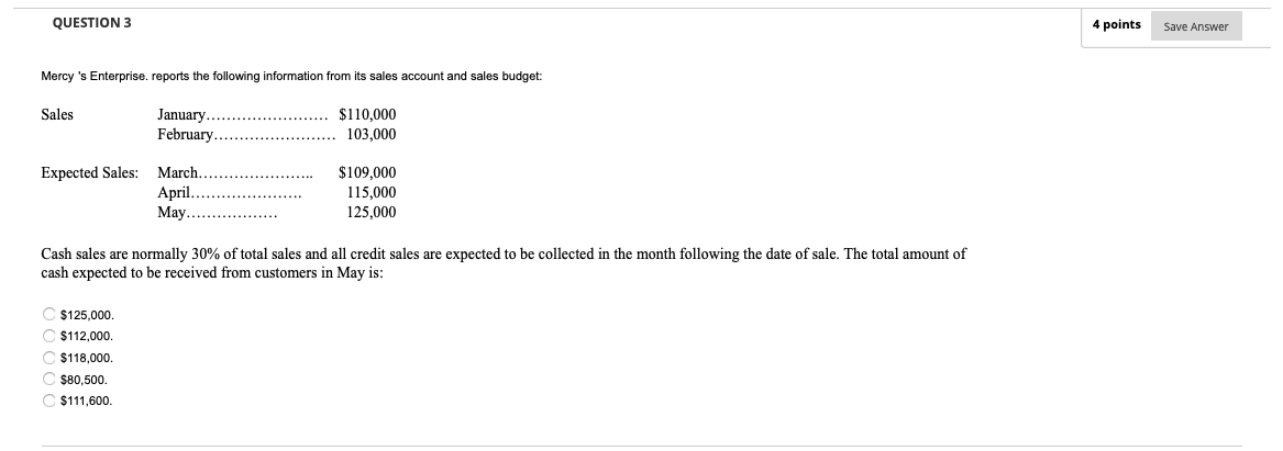 Question 3 4 Points Save Answer Mercy S Enterprise Reports The Following Information From Its Sales Account And Sales B 1