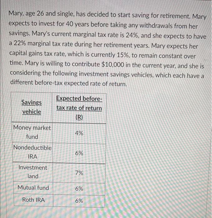 Mary Age 26 And Single Has Decided To Start Saving For Retirement Mary Expects To Invest For 40 Years Before Taking A 1