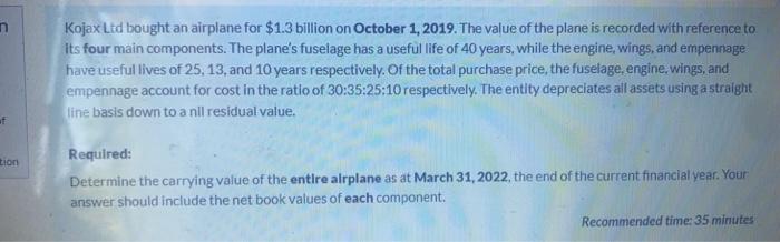 Kojax Ltd Bought An Airplane For 1 3 Billion On October 1 2019 The Value Of The Plane Is Recorded With Reference To I 1