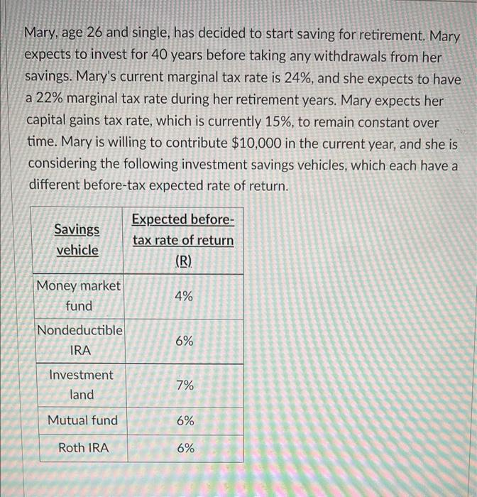 Mary Age 26 And Single Has Decided To Start Saving For Retirement Mary Expects To Invest For 40 Years Before Taking A 1