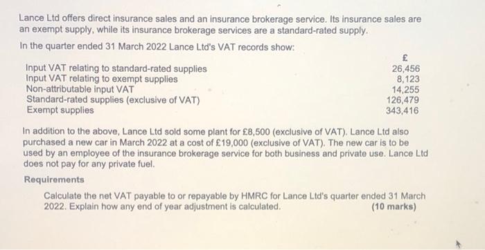 Lance Ltd Offers Direct Insurance Sales And An Insurance Brokerage Service Its Insurance Sales Are An Exempt Supply Wh 1