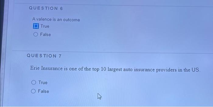 Question 6 Avalence Is An Outcome True False Question 7 Erie Insurance Is One Of The Top 10 Largest Auto Insurance Provi 1