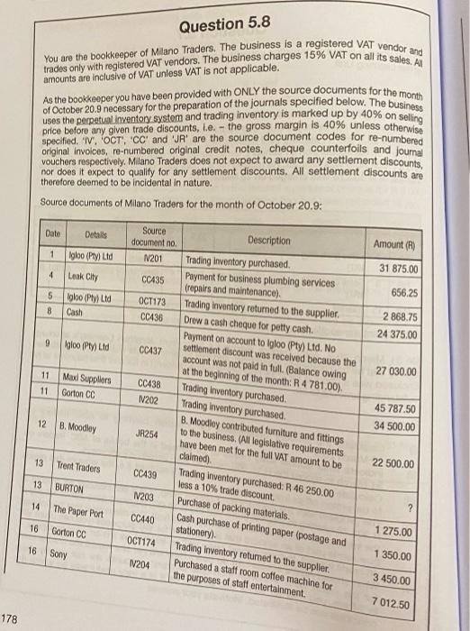 Question 5 8 You Are The Bookkeeper Of Milano Traders The Business Is A Registered Vat Vendor And Frades Only With Regi 1