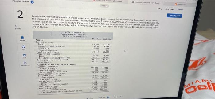 Chapter 15 Hw Ave 2 5 0 0 Comparative Financial Statements For Weder Corporation A Merchandising Company For The Year E 1