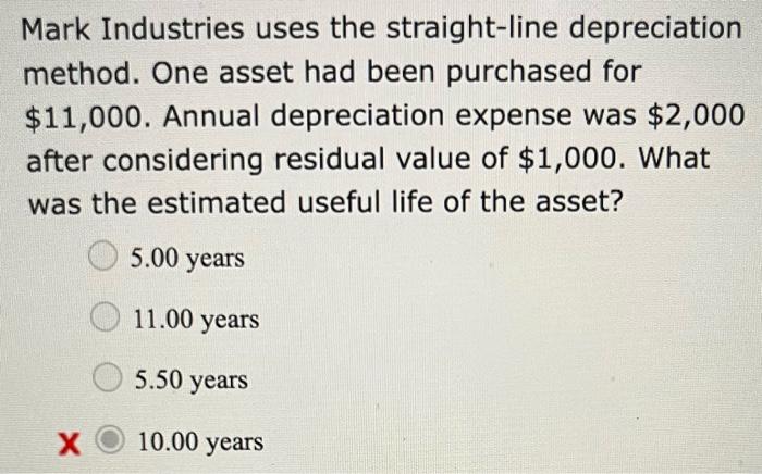 Mark Industries Uses The Straight Line Depreciation Method One Asset Had Been Purchased For 11 000 Annual Depreciatio 1