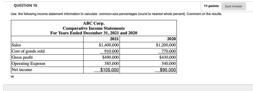 Save Answer Question 10 11 Points Use The Following Income Statement Information To Calculate Common Size Percentages R 1