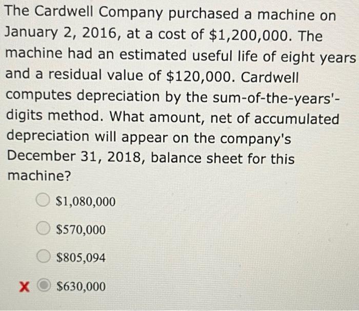 The Cardwell Company Purchased A Machine On January 2 2016 At A Cost Of 1 200 000 The Machine Had An Estimated Usefu 1
