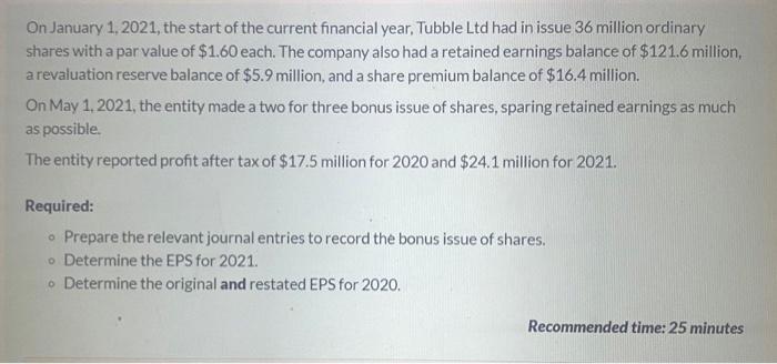 On January 1 2021 The Start Of The Current Financial Year Tubble Ltd Had In Issue 36 Million Ordinary Shares With A P 1