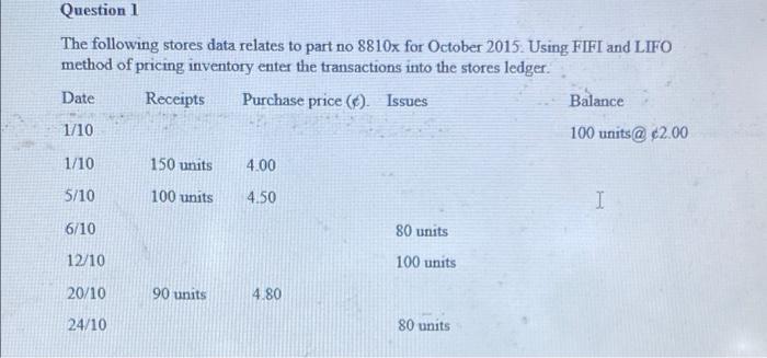 Question 1 The Following Stores Data Relates To Part No 8810x For October 2015 Using Fifi And Lifo Method Of Pricing In 1