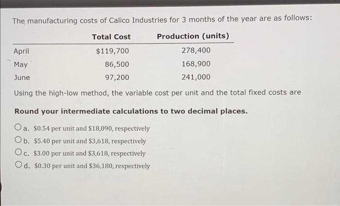 The Manufacturing Costs Of Calico Industries For 3 Months Of The Year Are As Follows Total Cost Production Units Apri 1