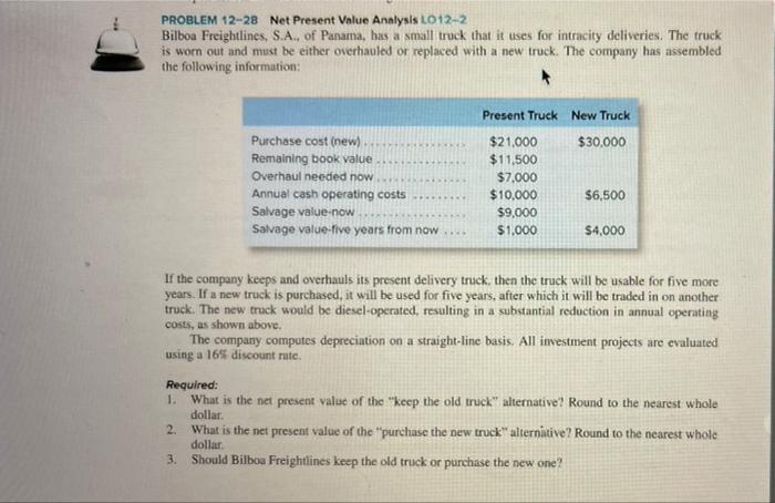 Problem 12 28 Net Present Value Analysis Lo 12 2 Bilboa Freightlines S A Of Panama Has A Small Truck That It Uses Fo 1