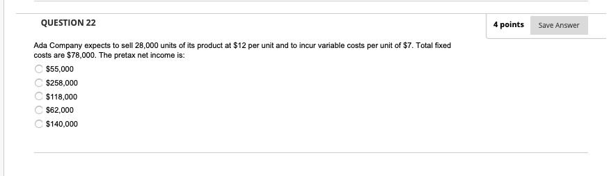 Question 22 4 Points Save Answer Ada Company Expects To Sell 28 000 Units Of Its Product At 12 Per Unit And To Incur Va 1