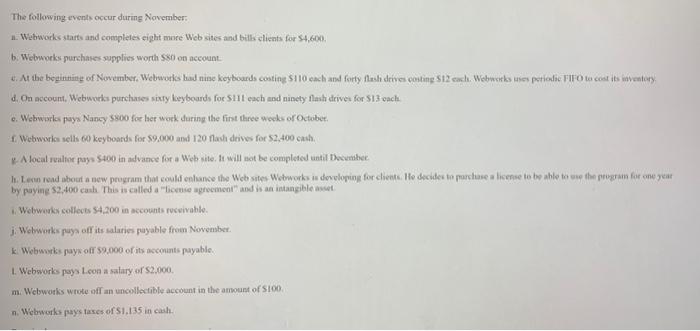 The Following Events Occur During November Webworks Starts And Completes Eight More Websites And Bills Clients For 4 60 1
