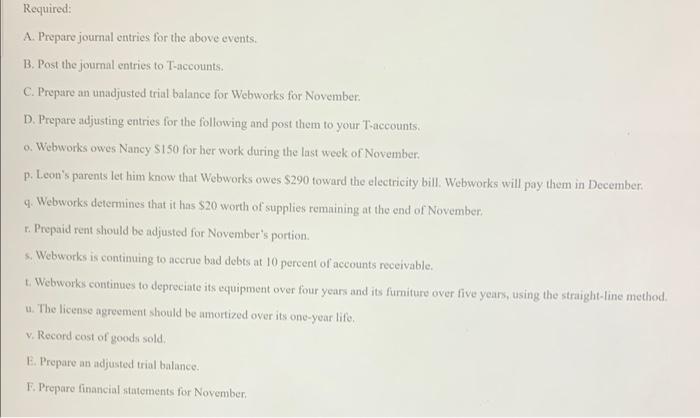 The Following Events Occur During November Webworks Starts And Completes Eight More Websites And Bills Clients For 4 60 2