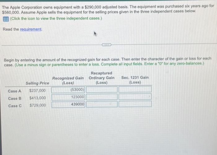 The Apple Corporation Owns Equipment With A 290 000 Adjusted Basis The Equipment Was Purchased Six Years Ago For 560 1