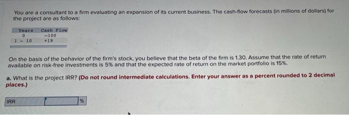 You Are A Consultant To A Firm Evaluating An Expansion Of Its Current Business The Cash Flow Forecasts In Millions Of 1