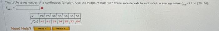 The Table Gives Values Of A Continuous Function Use The Midpoint Rule With Three Subintervals To Estimate The Average V 1