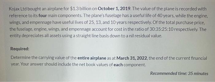 Kojax Ltd Bought An Airplane For 1 3 Billion On October 1 2019 The Value Of The Plane Is Recorded With Reference To I 1