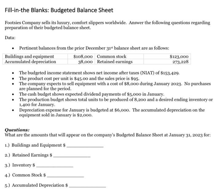 Fill In The Blanks Budgeted Balance Sheet Footsies Company Sells Its Luxury Comfort Slippers Worldwide Answer The Fol 1
