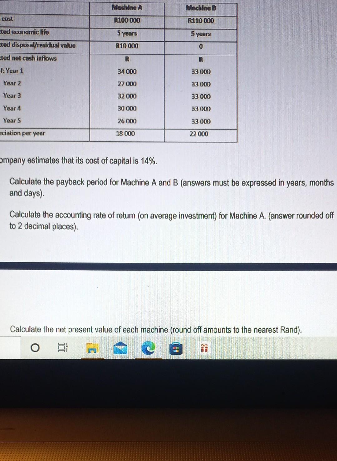 Machine A Machine D Cost R100 000 R110 000 Eted Economic Life 5 Years 5 Years Eted Disposal Residual Value R10 000 0 Ted 1
