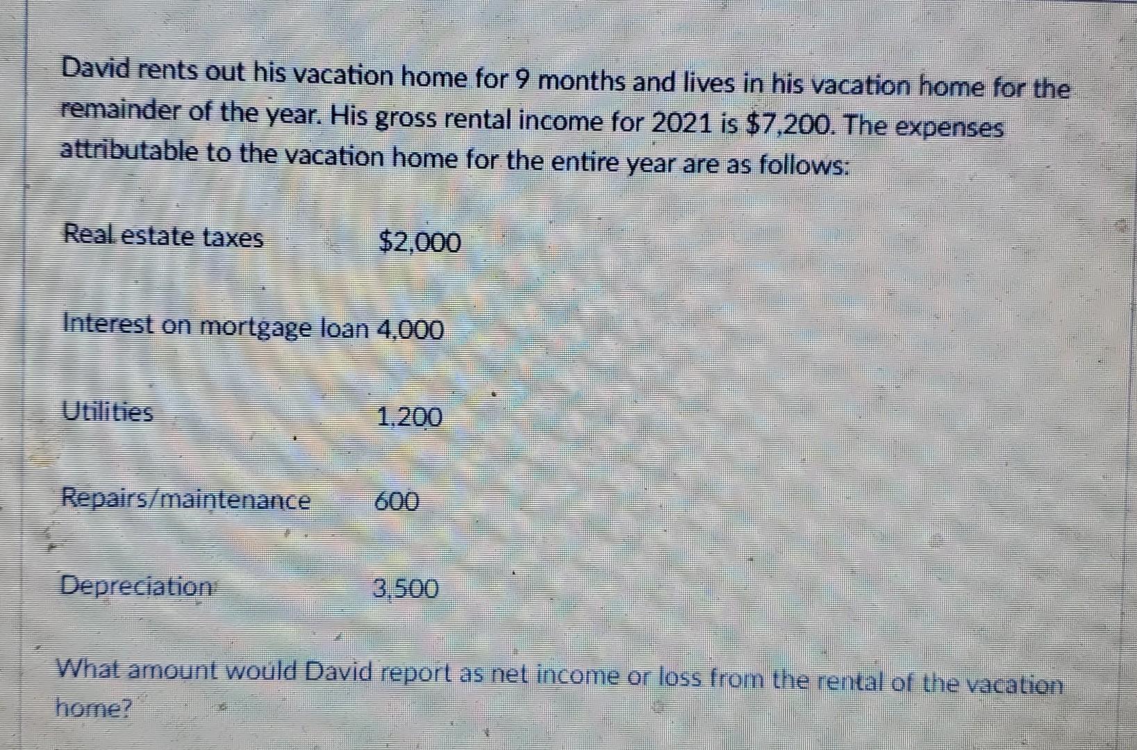 David Rents Out His Vacation Home For 9 Months And Lives In His Vacation Home For The Remainder Of The Year His Gross R 1