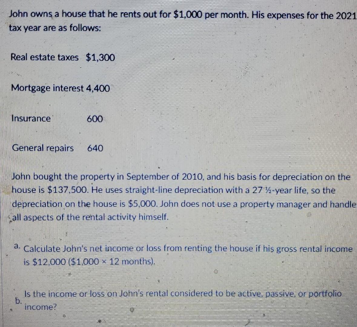 John Owns A House That He Rents Out For 1 000 Per Month His Expenses For The 2021 Tax Year Are As Follows Real Estate 1